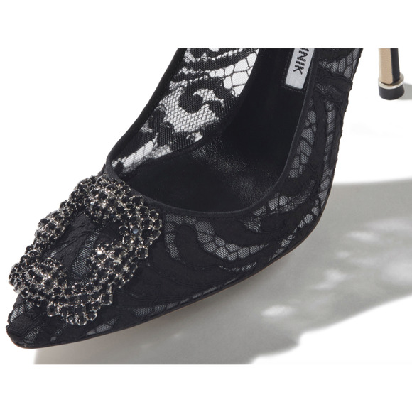 Manolo Blahnik Hangisila Hangisi 105 Black Lace Crystal Buckle Heel Pump 39.5 - Picture 5 of 12